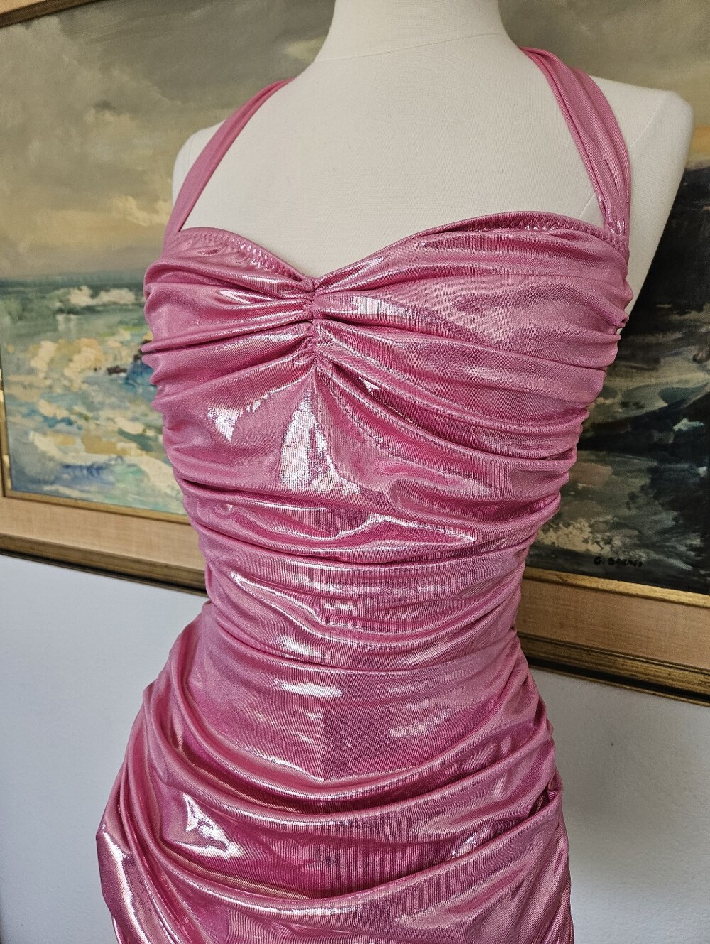Norma Kamali Pink Metallic Vintage Style One Piece Bathing Suit Pinup Swimsuit - Picture 3 of 7